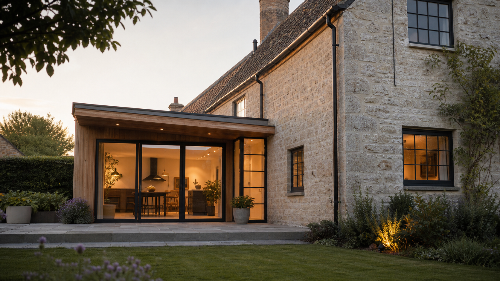 Architectural concept showing a sensitive modern extension to a traditional stone cottage